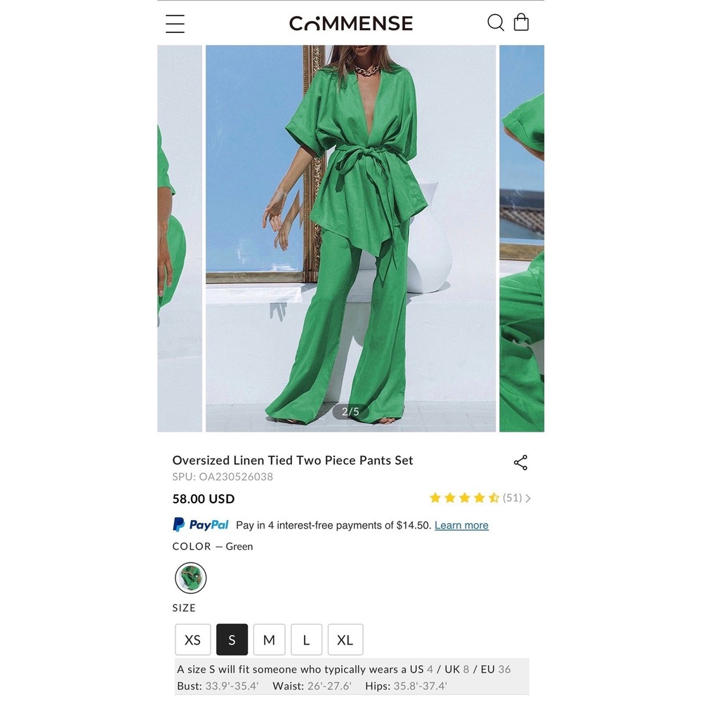 Commense Oversized Linen Tied Two Piece Pants Set in Green Size Small